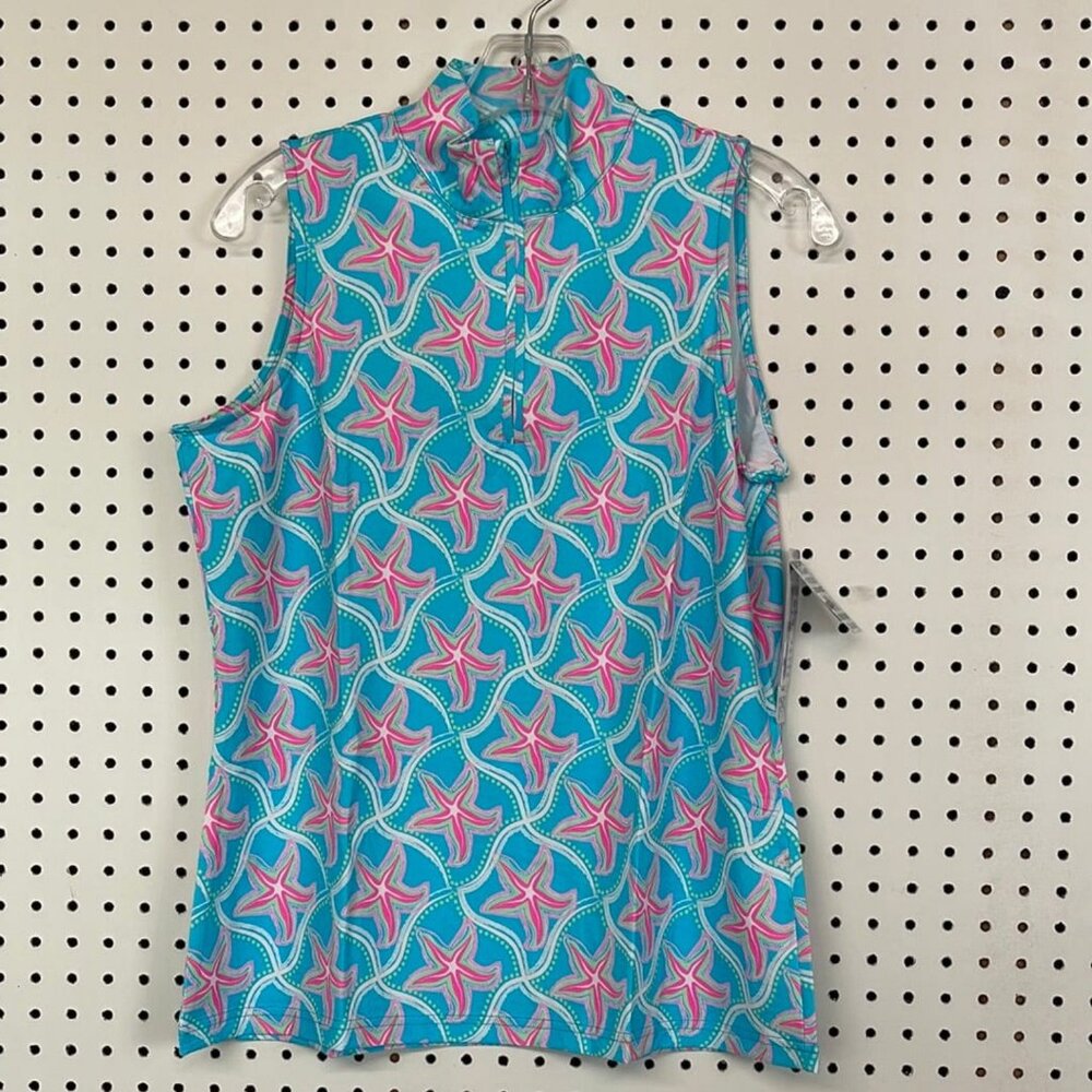 BEACHTIME by Lulu-B Light Turquoise Starfish High Neck Zip-Up Sleeveless Top